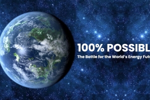 Image of Earth in front of the night sky, with "100% Possible" written next to it in white text