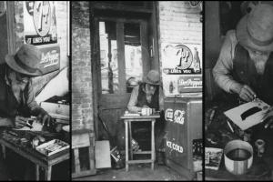 Collage of black and white photos of Bill Traylor leaning over his artwork in various stages.