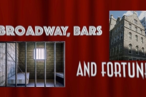 A collage to the backdrop of red theater curtains. On the red, the image of bars and a prison cell, on the right, a large brick building.