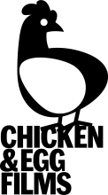 Chicken & Egg logo featuring black block text and a black chicken with a white egg