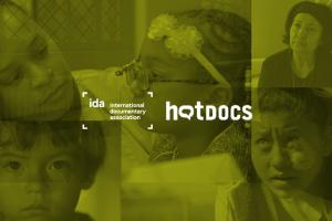 A collage of IDA-supported film stills in black and white with a light green overlay, and the IDA and Hot Docs logos placed on top.
