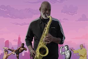 A black man in a tracksuit plays the saxophone in front of an illustrated, pink skyline, as various martial arts figures are seen behind him