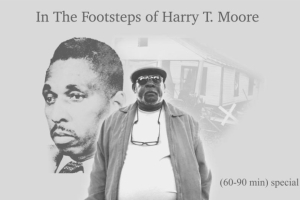 Images of Harry Moore and Bill Gary superimposed over Moore's bombed house.