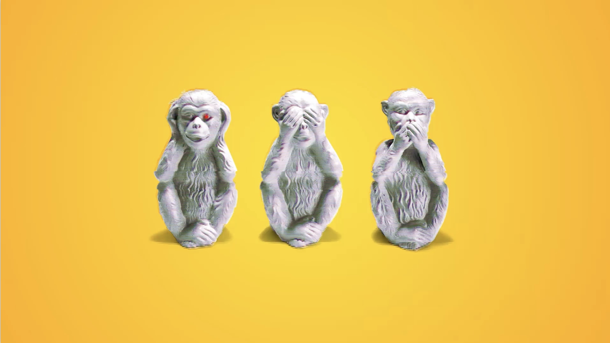 An illustration of the see no evil, hear no evil, and speak no evil monkeys against a yellow background.
