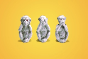 An illustration of the see no evil, hear no evil, and speak no evil monkeys against a yellow background.