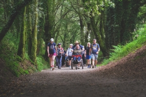 A diverse group moves together along a forested path, sunlight filtering through moss-covered trees. At the center, a man in a wheelchair is pushed by a companion, surrounded by walkers of all abilities, embodying unity, resilience, and adventure.