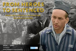A jewish man in a suit is overlapped with the image of the same jewish man in concentration camp outfit