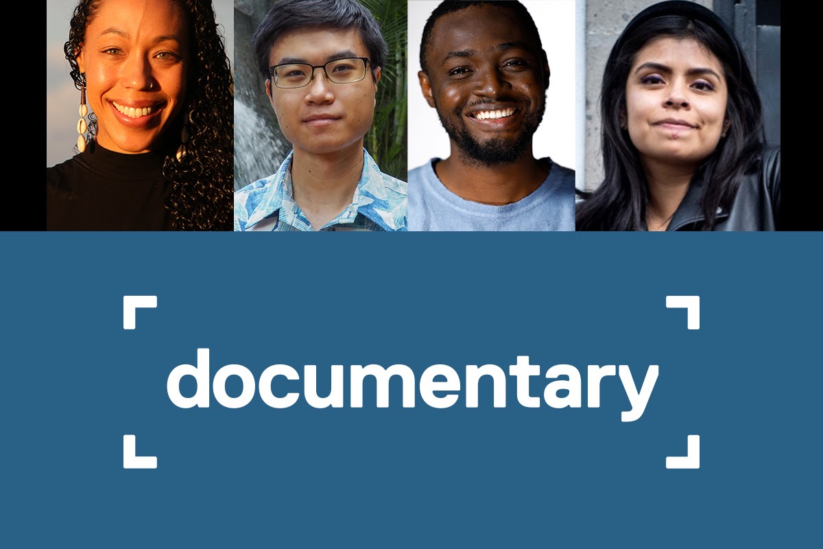 A graphic with headshots of the 2022 Documentary Editorial Fellows. From L to R: Imani Altemus-Williams, Emerson Goo, Wilfred Okiche and Mariana Sanson.