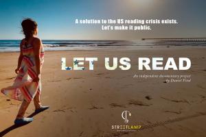 A young girl in a flowy dress walks on the beach, the text LET US READ is superimposed on top of the image