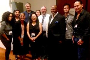 group photo of Jai Tiggett, Deb Esquenazi, Sonya Childress, Renee Tajima-Peña, Steve James, Anna Vasquez, Simon Kilmurry, Mohammad Mubarak, Jack Pettibone Riccobono, and Rob Brown.