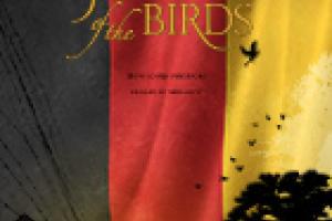 "Jealous of the Birds" Film poster. This poster has a vertical German Flag (Black, Red and Gold) as the backdrop. In front of the flag is a silhouetted tree with two figures standing at its base.