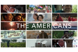 A collection of images from the film in many boxes collaged together: a newborn baby, a parade, old Asian man smiling, a young man smiling with a friend, you woman with a man moving and smiling, highschool graduation, fireworks, cornfield, a tree in the snow, meatpacking plant, a man and a boy walking on rocks, a black woman smiling with a girl on her back, a man farming, a factory with smokestacks, a man looking stoic in a church.