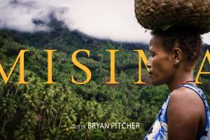 An indigenous woman of Papua New Guinea walks before the rain forest with a basket on her head. 
