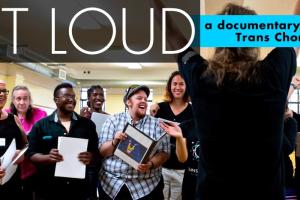 "Out Loud" Poster banner featuring laughing conference attendees