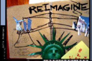 Lady liberty below the word "reimagine" 
