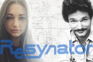 a young Woman and an old 70's era photo of a young man with a mustache are superimposed over sound frequency charts. 