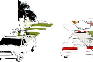 A news van and a cop car speed on opposite sides of this animated suburban street. 