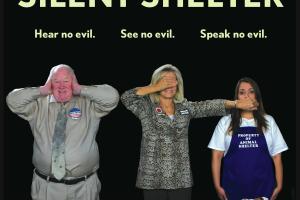 A late middle-aged White man covers his ears, A middle-age White Woman covers her eyes and uses her free hand to cover the mouth of a young girl standing beside her.
