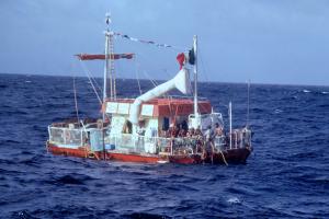The Alcali Vessel at sea with the crew on deck.