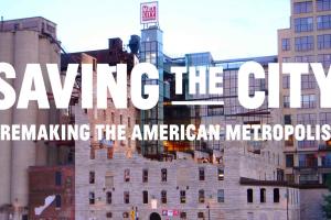 Title of the film above a view of city buildings.