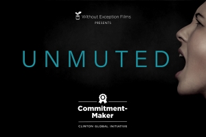 Profile shot of a woman with her mouth open at the right edge of a black background. The word UNMUTED looks like is coming out of her mouth