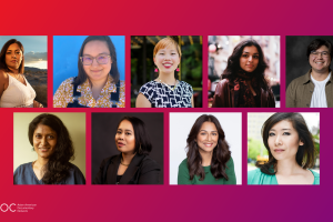 A grid of smiling headshots on a red and pink background.