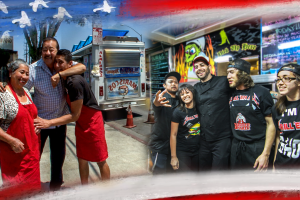 Two images graphically blended, with the American flag framing them. On right are five members of The Grill 'Em All, with a burger truck behind them. They're wearing black T-shirts and caps. On the left is a family of three, embracing each other and wearing read aprons.