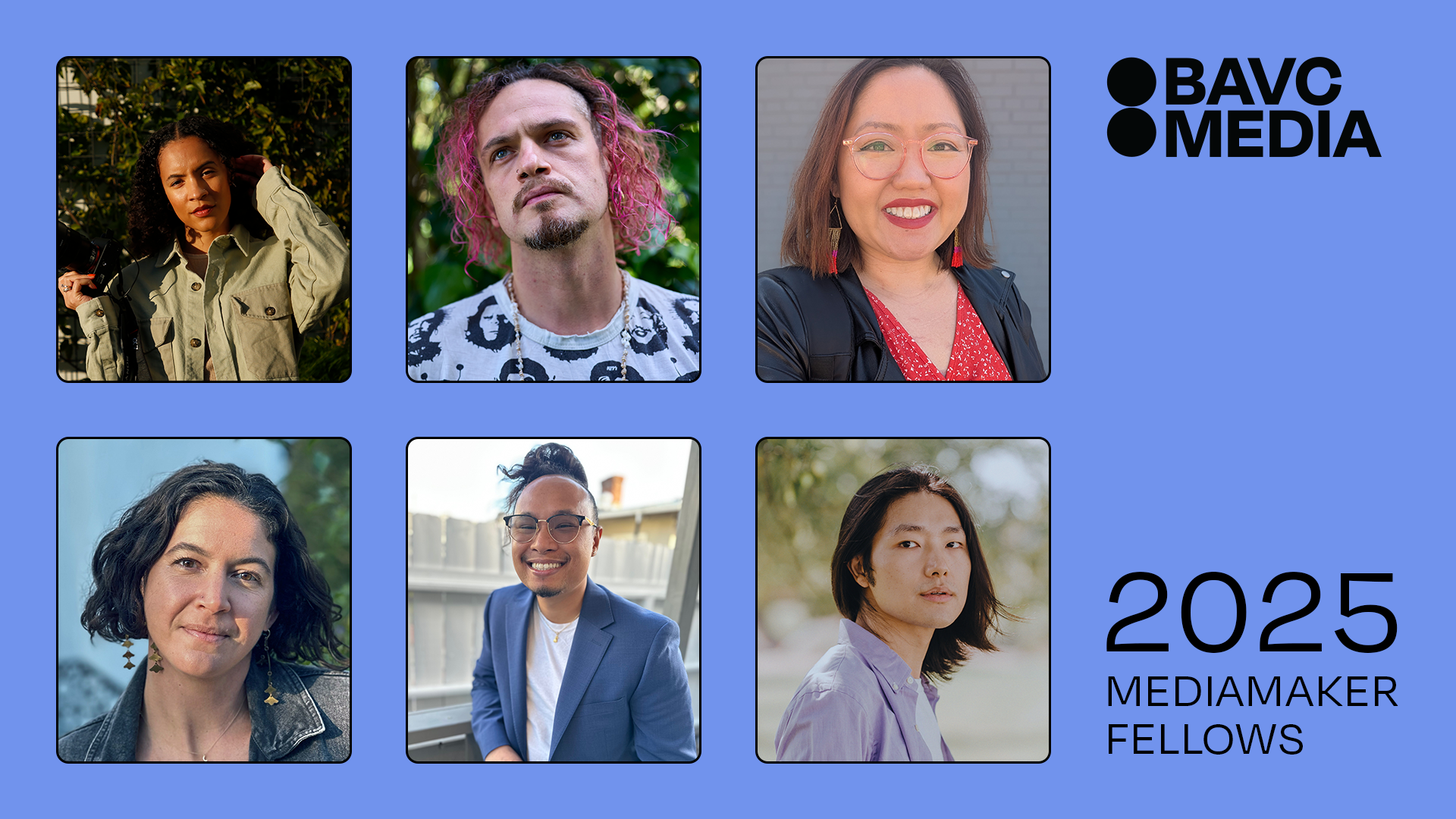 Graphic with a blue background and the headshots of six filmmakers.