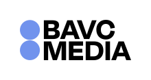 BAVC logo featuring black block letters and two stacked light blue circles