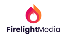 Firelight Media logo featuring black text and orange, white, and red flame graphic