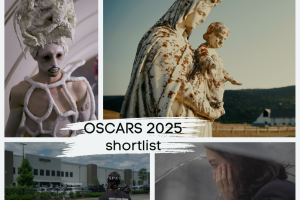 Image promoting the Oscars 2025 Shortlist. Features filmstills from Queendom, Sugarcane, Union, and Black Box Diaries
