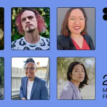 Graphic with a blue background and the headshots of six filmmakers.