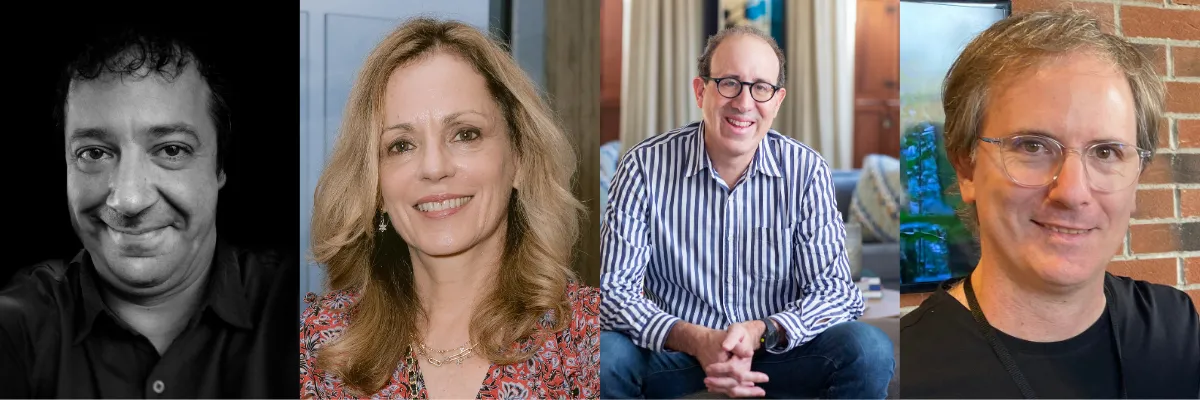 Collage of new IDA Board Members. Left to Right: Inti Cordera, Nathalie Seaver, Joel Simon, and Luis Gonzalez Zaffaroni