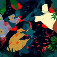 An animated bird's-eye view through a tree of a family. Still from Amy Bench's 'More Than I Remember'. Courtesy of Amy Bench