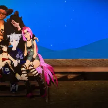 Virtual reality avatars DragonHeart, IsYourBoi, DustBunny, Toaster and Jenny sit together on a long wooden bench. From Joe Hunting’s ‘We Met in Virtual Reality.’ Courtesy of HBO.