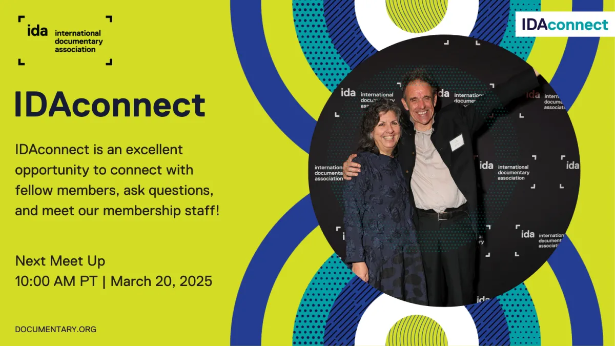 Green, blue, and white flyer for IDAconnect March Meeting. Features image of filmmakers at IDA 40th Documentary Awards.