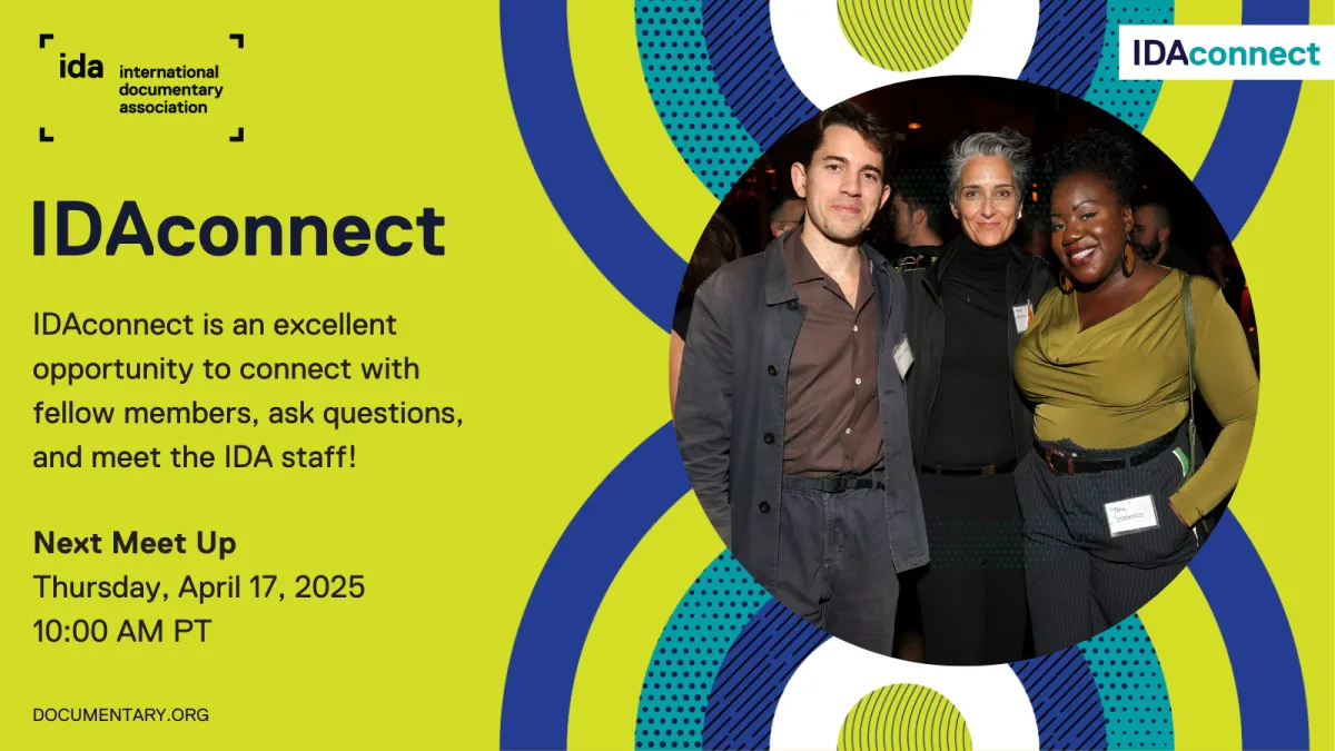 Green, blue, and white flyer for IDAconnect April Meeting. Features image of filmmakers at IDA Night Before party.