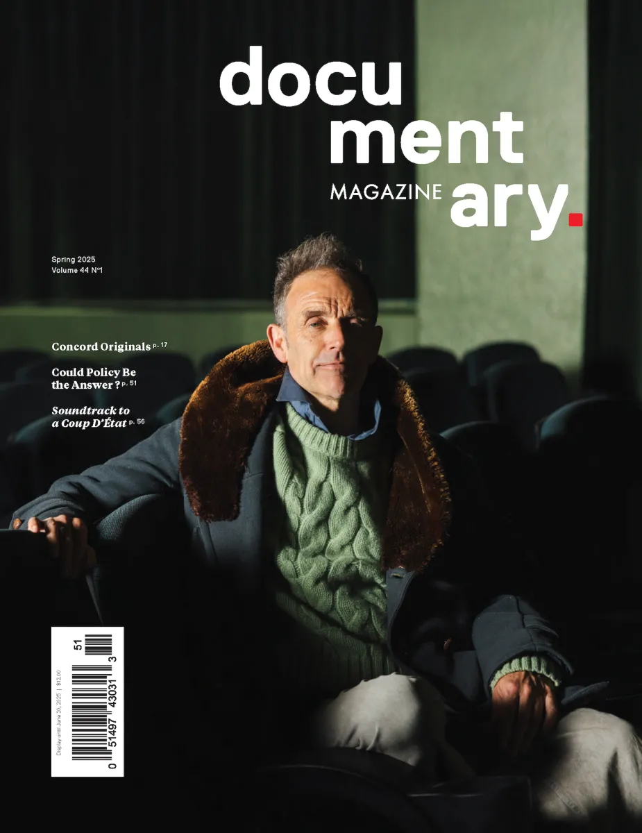 Documentary Magazine Spring 2025 issue cover with a portrait of director Johan Grimonprez
