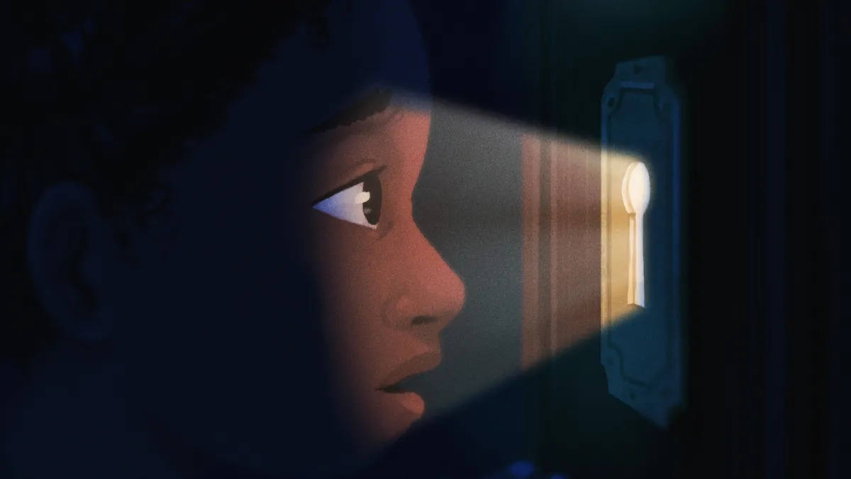Still from "When My Sleeping Dragon Woke." Young, brown skin person looking through a key hole.